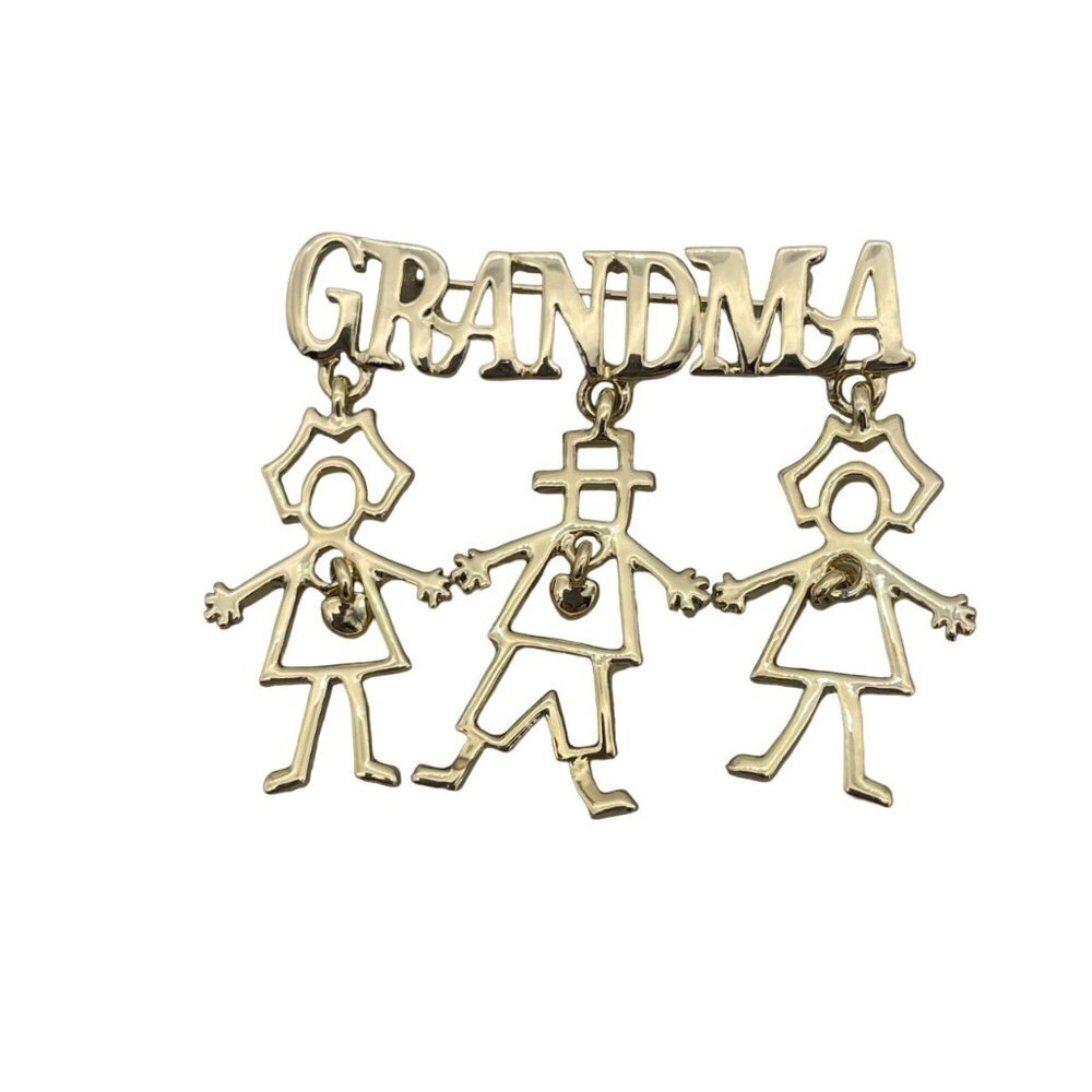 Retro Grandma Brooch Pin with Dangling Grandchildren Charms Gold Tone